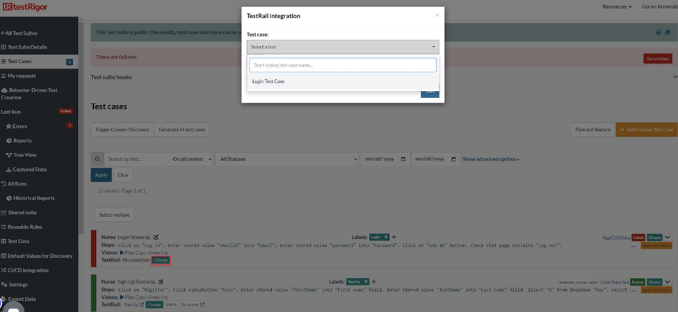 testRigor with TestRail integration