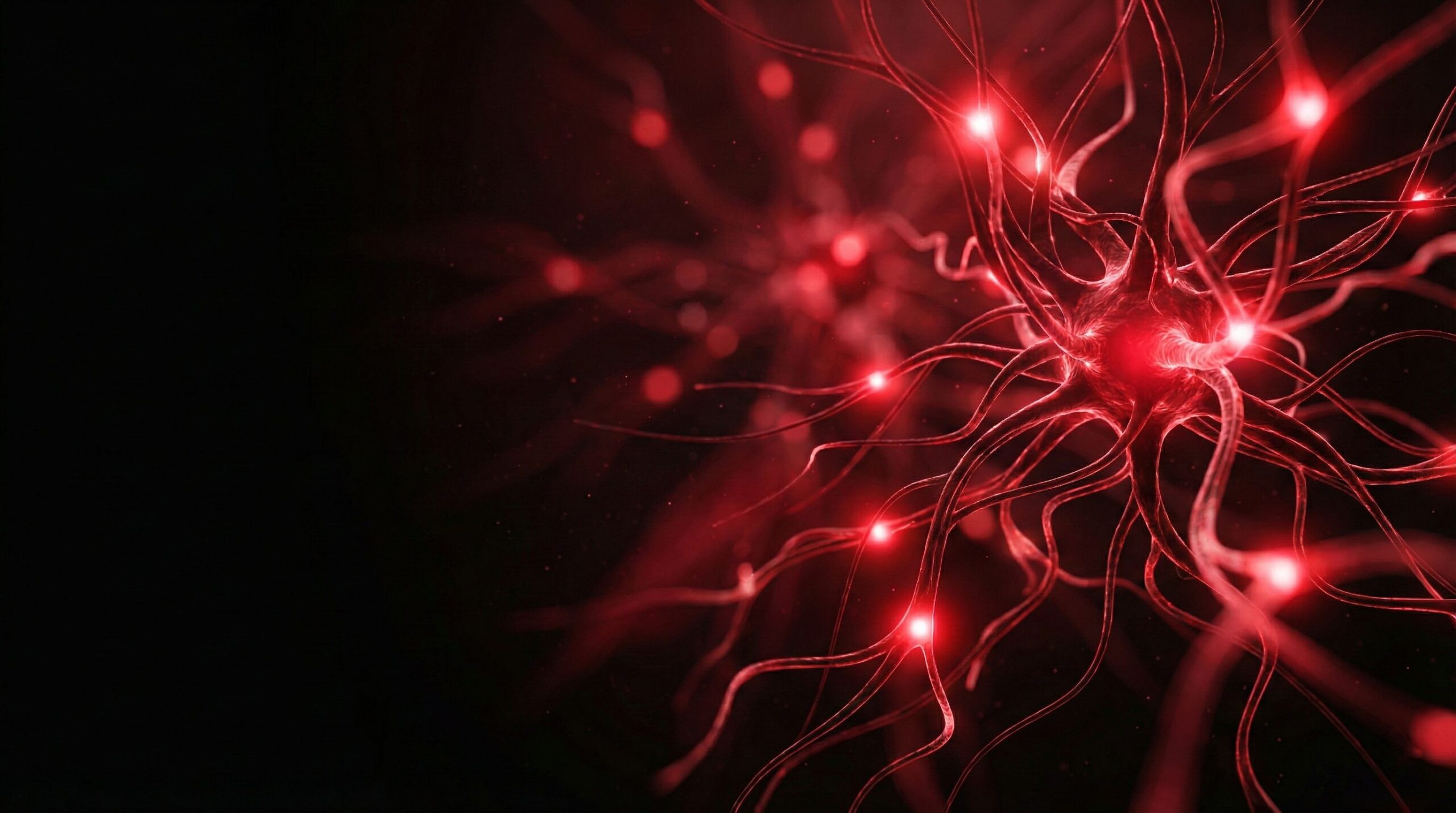 Abstract visualization of glowing red neural network pathways against a deep black background, representing AI-powered intelligence