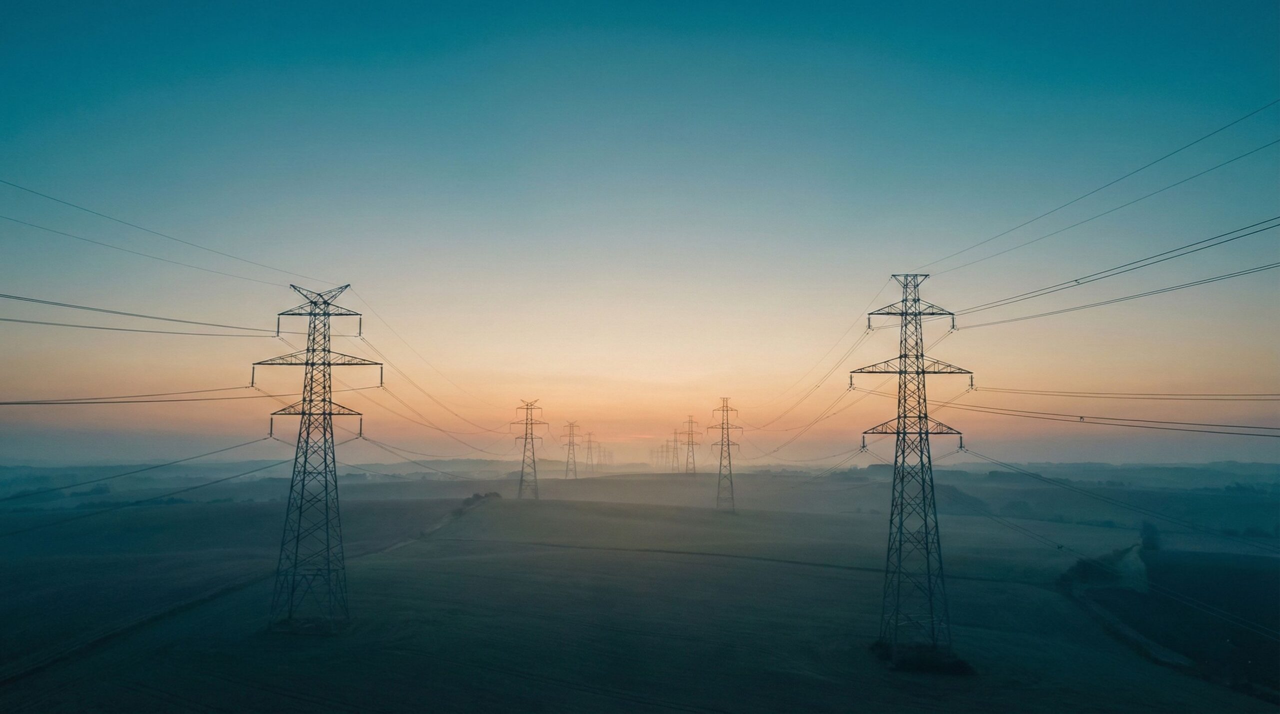 Serene view of electrical transmission towers and power lines silhouetted against a gradient sky transitioning from deep teal to warm amber at blue hour