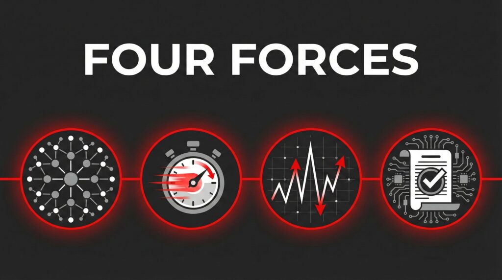Infographic showing four circular icons representing decentralization, velocity, volatility, and compliance as code - the four forces redefining failure in European electricity markets