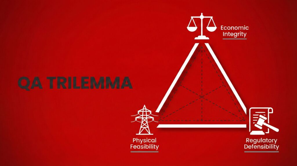 Infographic showing a trilemma triangle with three vertices representing economic integrity, physical feasibility, and regulatory defensibility - the three dimensions of strategic QA for energy markets
