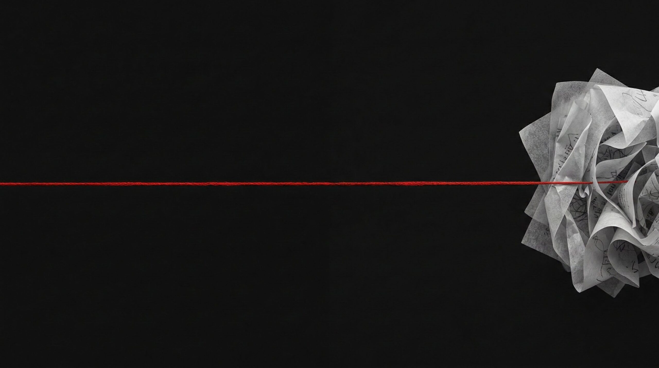 A single straight horizontal red string against a black background leading into a crumpled white paper cluster.