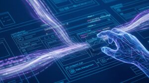 A transparent, geometric digital hand manipulates a complex, glowing interface wireframe against a dark background. The wireframe features blue lines defining components, system labels like 'UserProfileView' and 'Data_Grid', and specific code snippets like 'import { LineChart } from 'recharts'' and 'const [isLoading] = useState(true)'. Powerful flowing streams of purple and blue light, integrated with binary data, weave throughout the structural design.
