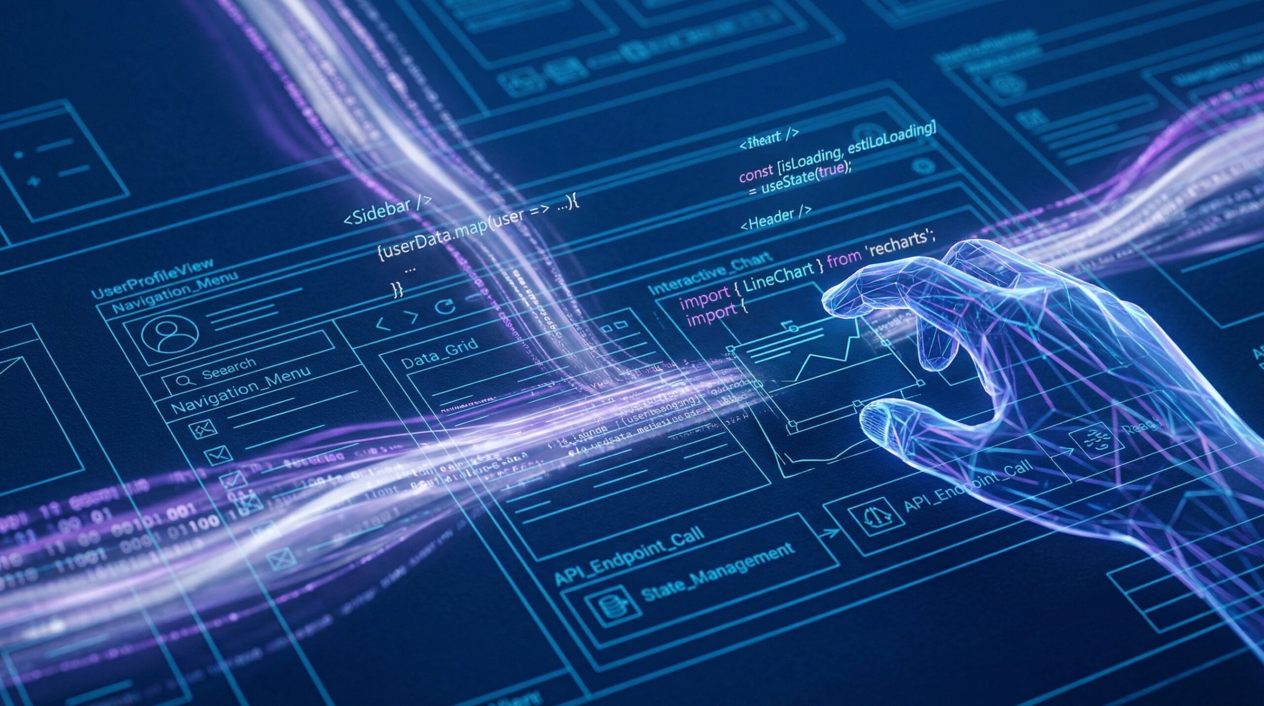 A transparent, geometric digital hand manipulates a complex, glowing interface wireframe against a dark background. The wireframe features blue lines defining components, system labels like 'UserProfileView' and 'Data_Grid', and specific code snippets like 'import { LineChart } from 'recharts'' and 'const [isLoading] = useState(true)'. Powerful flowing streams of purple and blue light, integrated with binary data, weave throughout the structural design.