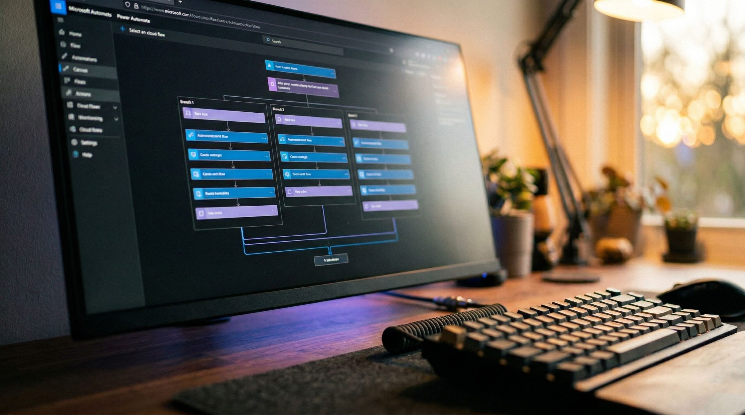 Close-up of a dark-mode desk setup. An ultrawide monitor displays a blue and purple workflow flowchart. A mechanical keyboard with a wooden wrist rest sits in the foreground.
