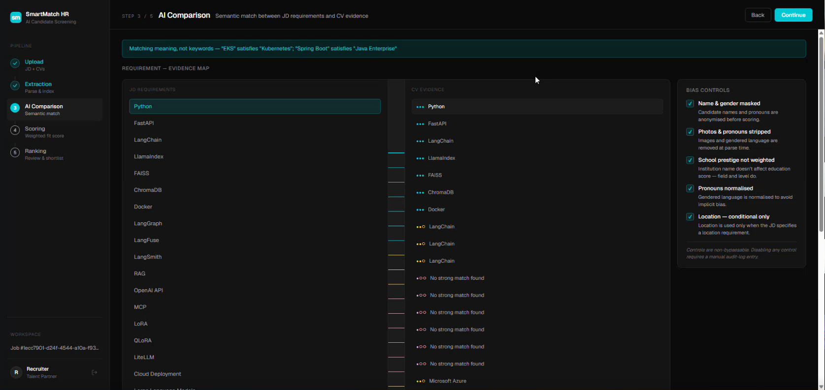 Smart Match HR intake screen showing a job description and CV folder producing a ranked leaderboard