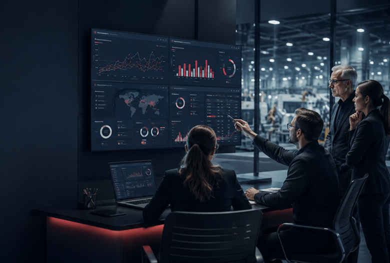 Manufacturing data team reviewing a governed analytics dashboard