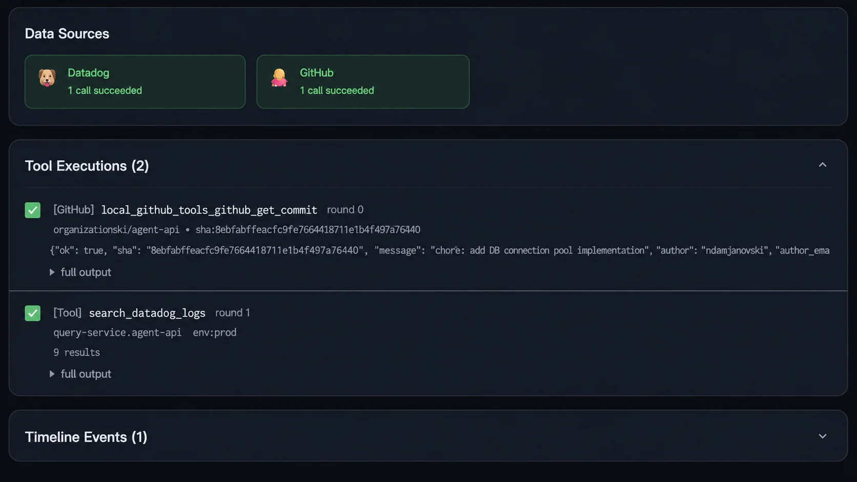 Argus multi-tool execution and notification flow across Datadog, GitHub, Slack, Jira, Teams, and ServiceNow