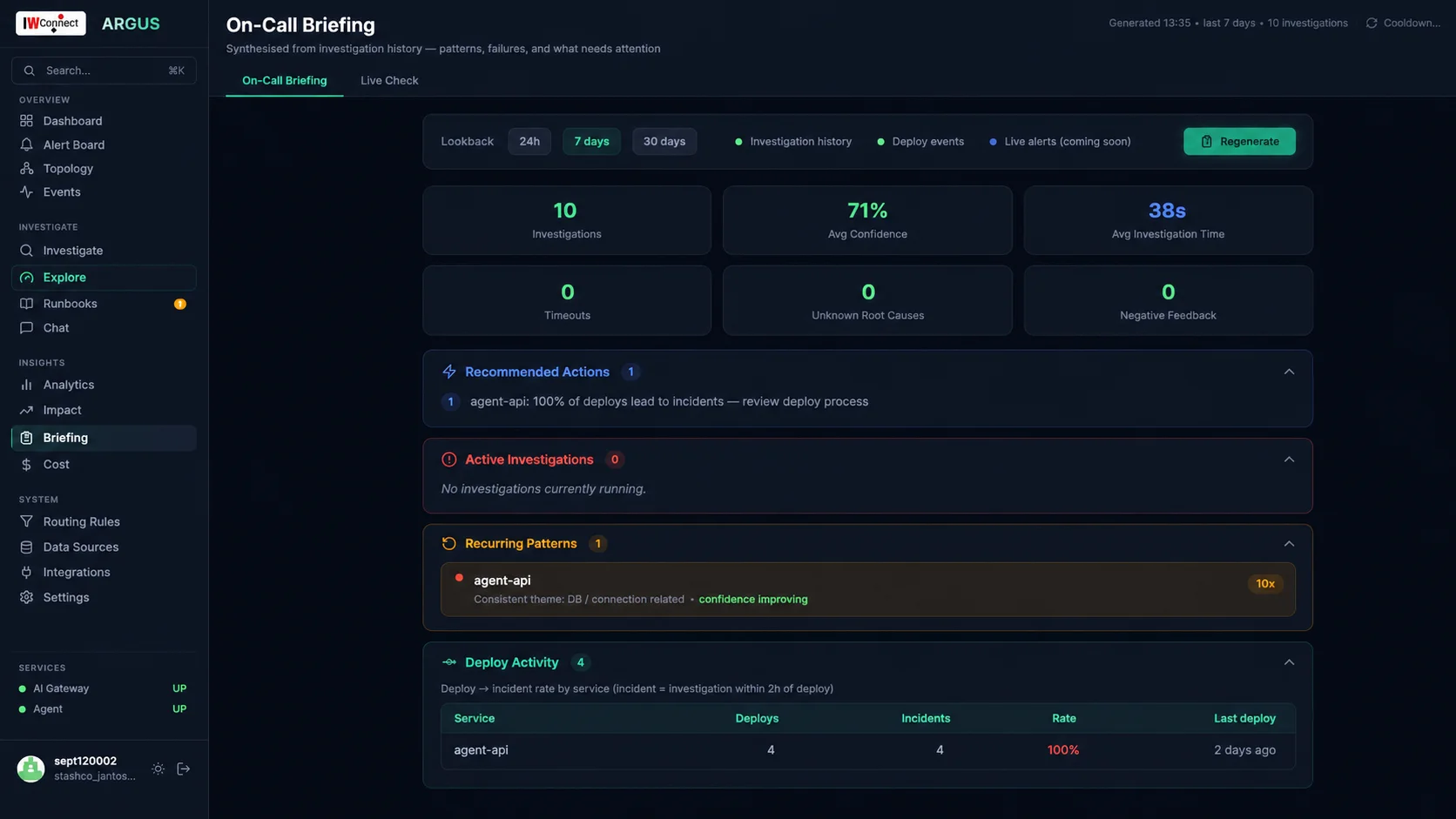 Argus on-call briefing screen summarising investigation history, recurring patterns, and deploy activity