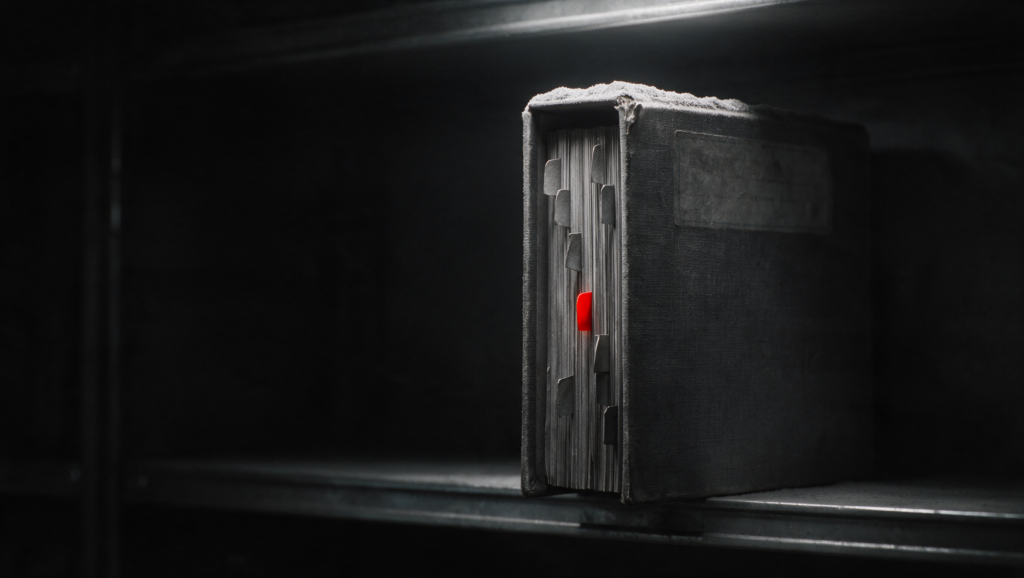 Policy binder left untouched on a dark office shelf, unbroken dust line along its top edge and one red index tab