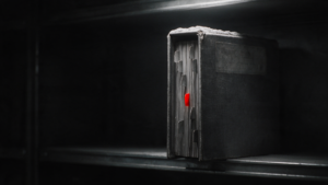 Policy binder left untouched on a dark office shelf, unbroken dust line along its top edge and one red index tab