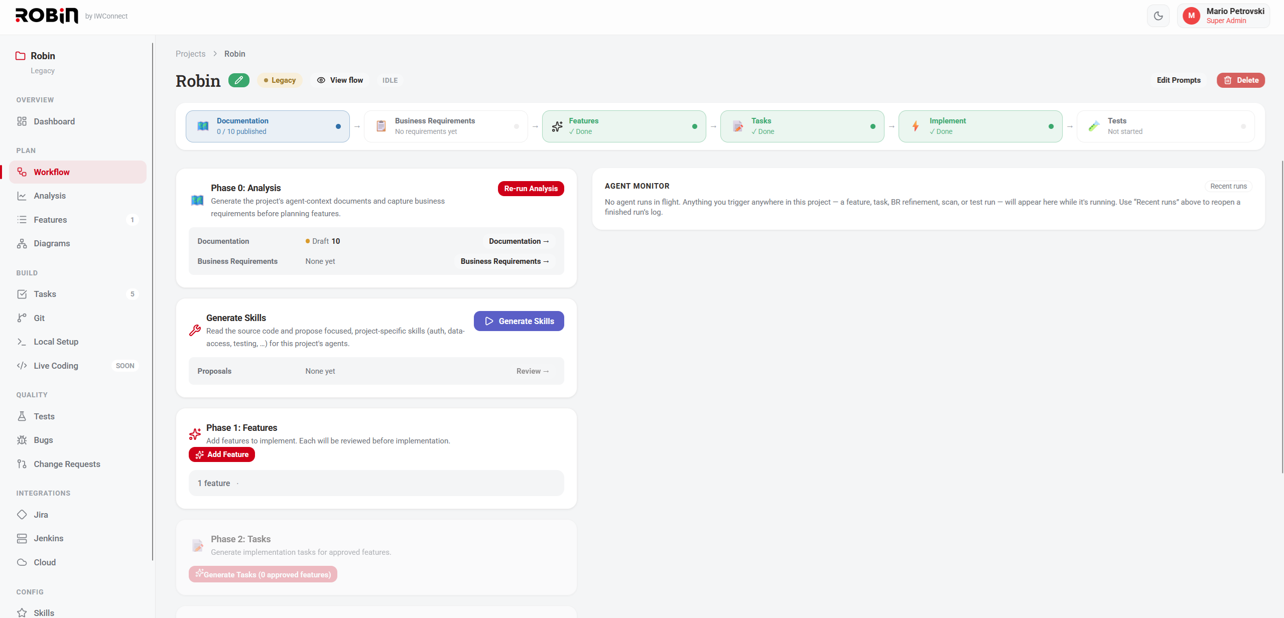 Robin feature list dashboard with priority, status, and approval gate per feature