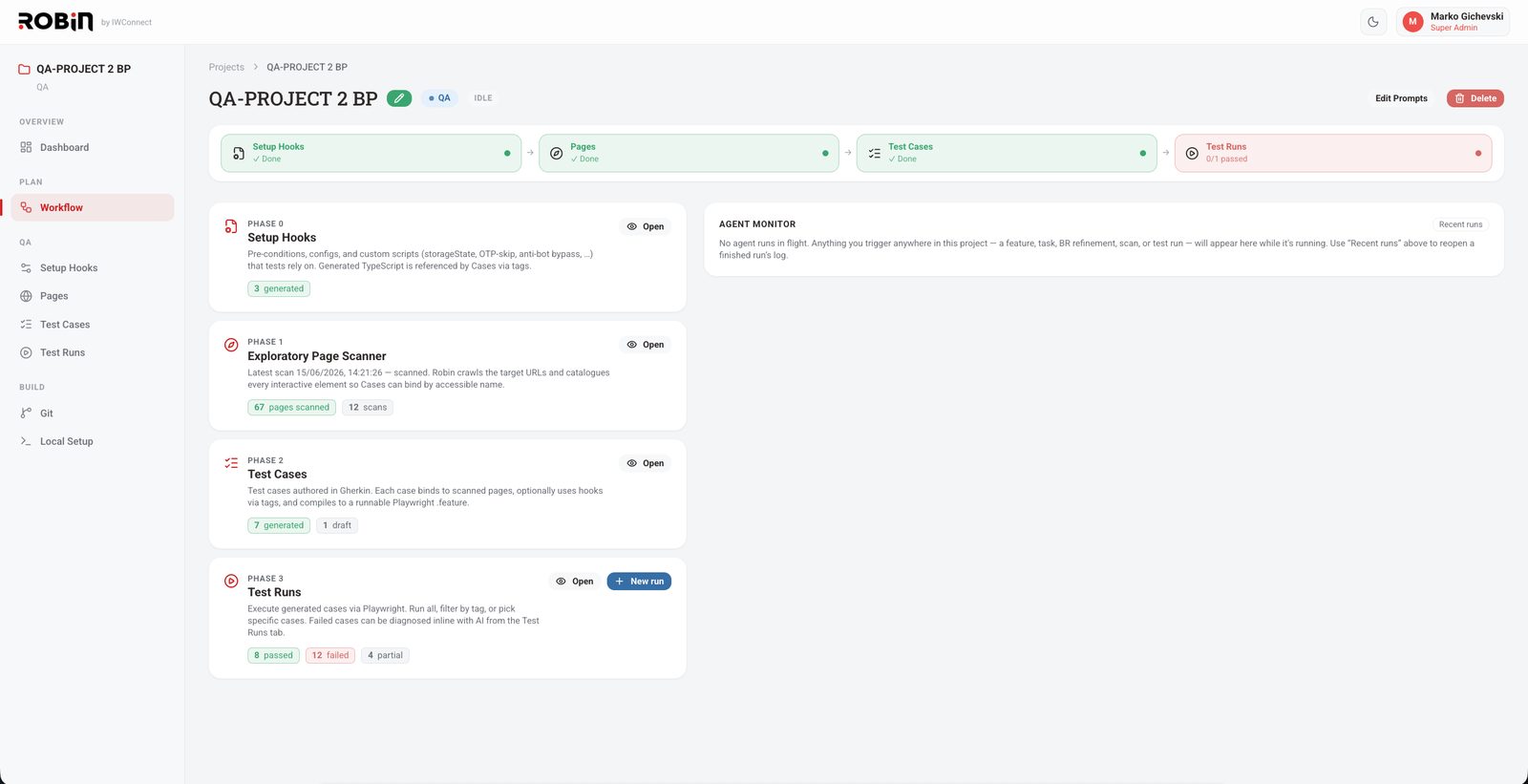 Robin QA project workflow showing setup hooks, pages, test cases, and test runs