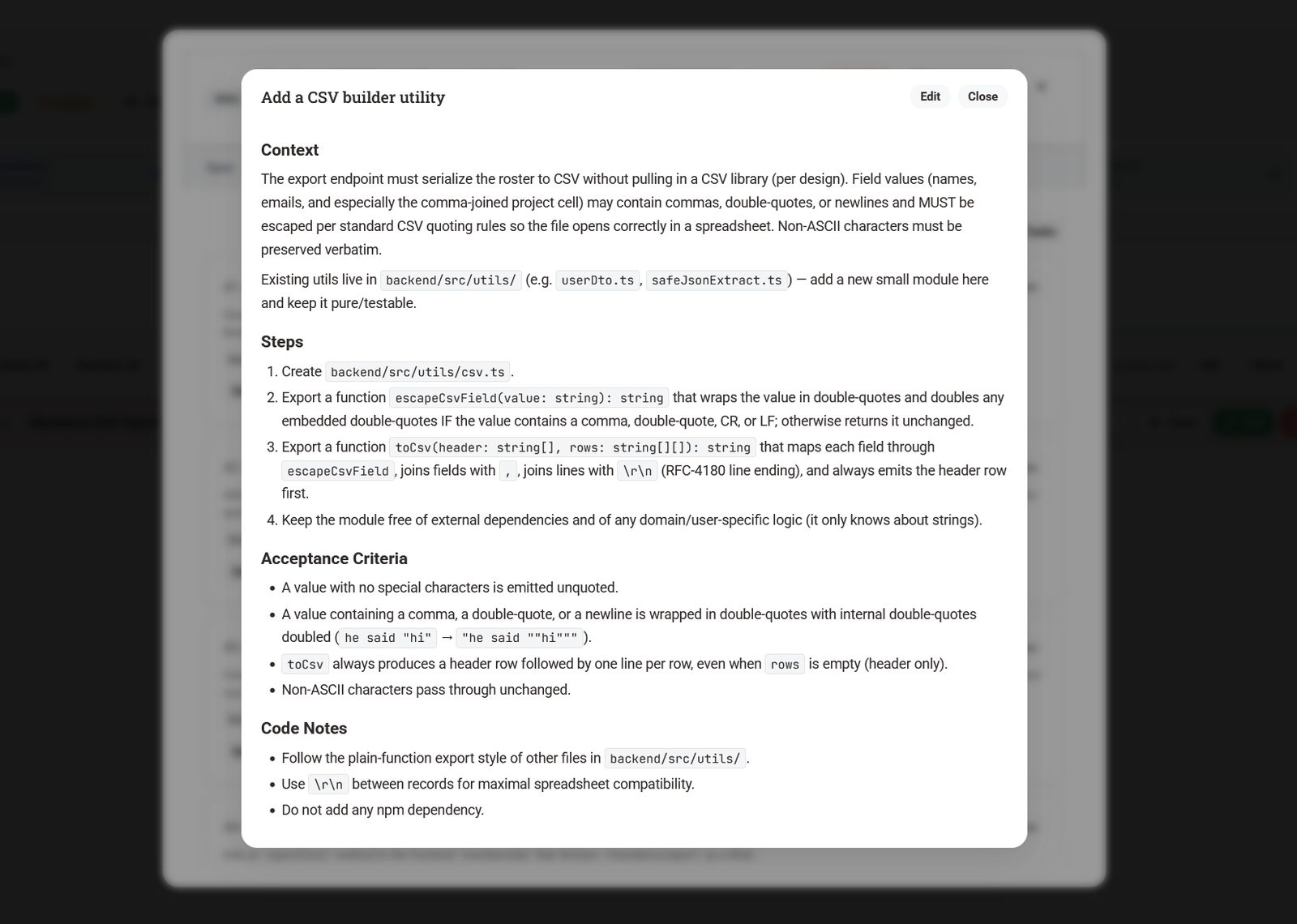 Robin task detail showing context, steps, acceptance criteria, and code notes for one implementation task