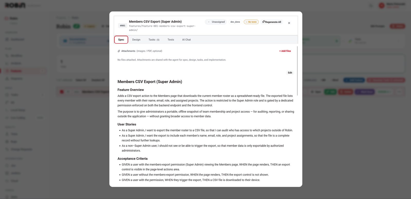 Robin feature spec showing overview, user stories, and acceptance criteria