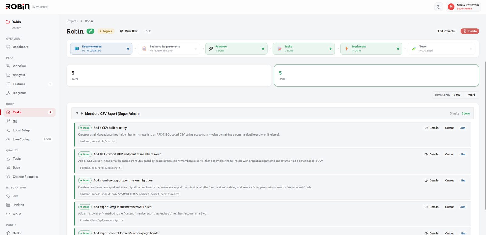 Robin tasks view showing implementation tasks with status, details, output, and Jira links