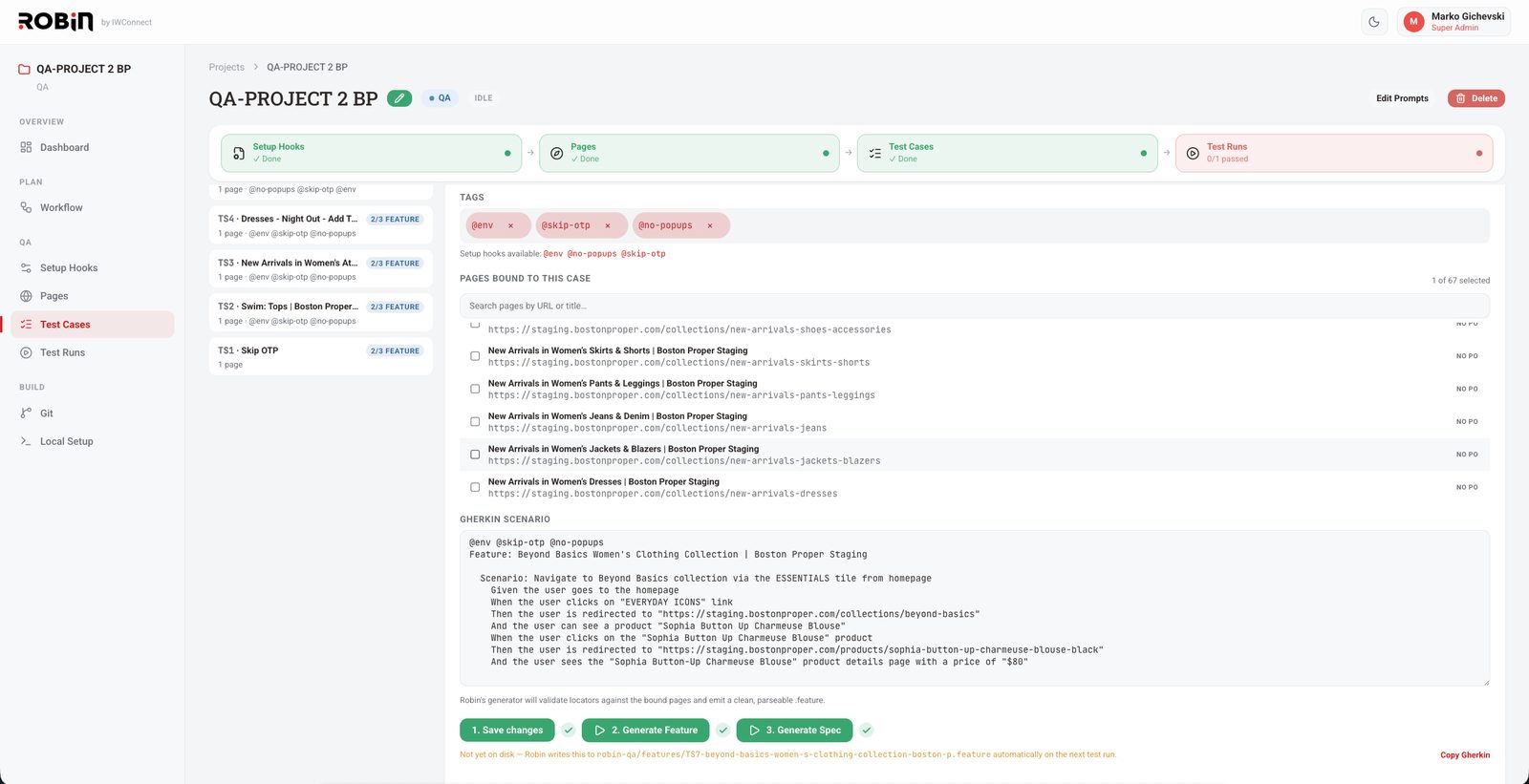 Robin test case editor showing tags, bound pages, and an editable Gherkin scenario