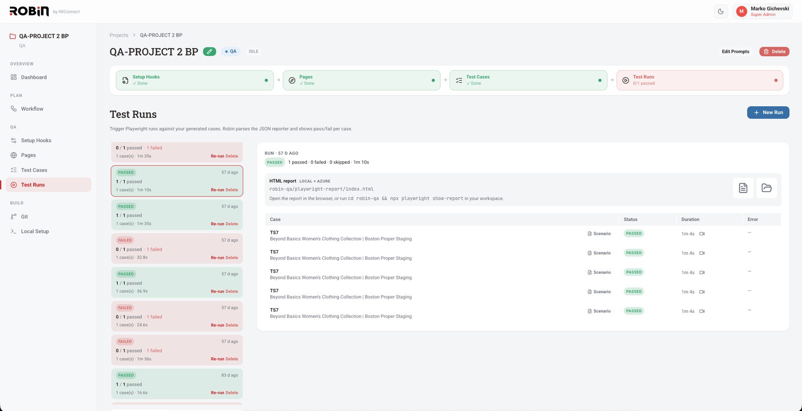Robin test runs view showing pass and fail history per run and a per-case report with durations
