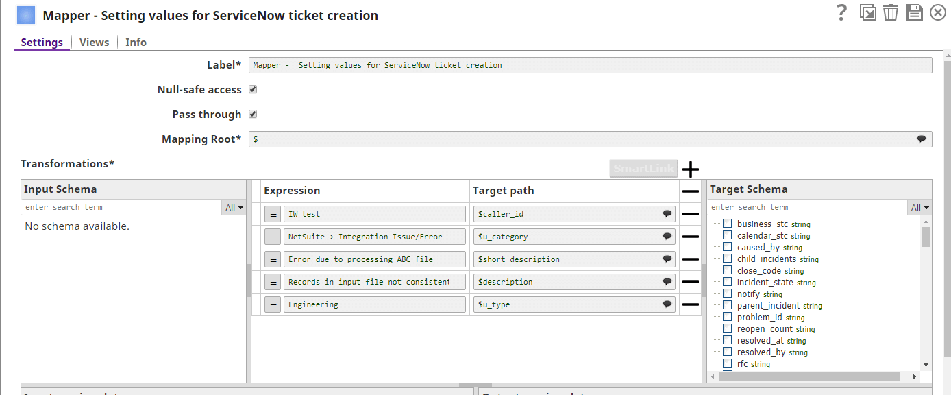 Mapper snap where fields from the incident table of ServiceNow ticket are mapped