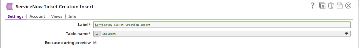 ServiceNow Insert snap with incident table used