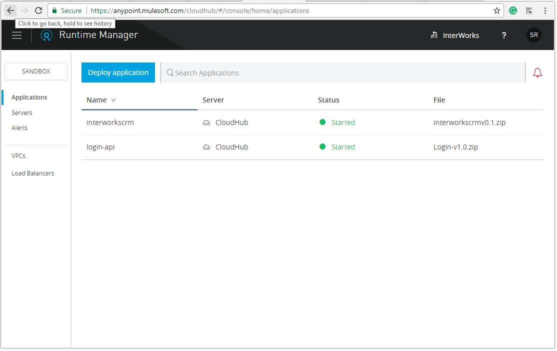 The Runtime Manager shows the already deployed applications and the Deploy button