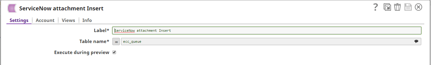 ServiceNow Insert snap with ecc_queue table used