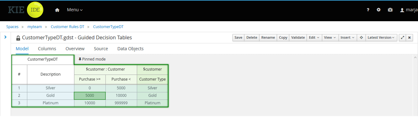 Modified Customer Type Decision Table