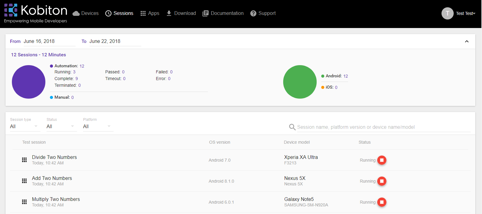 Parallel execution of three test scripts on three different devices