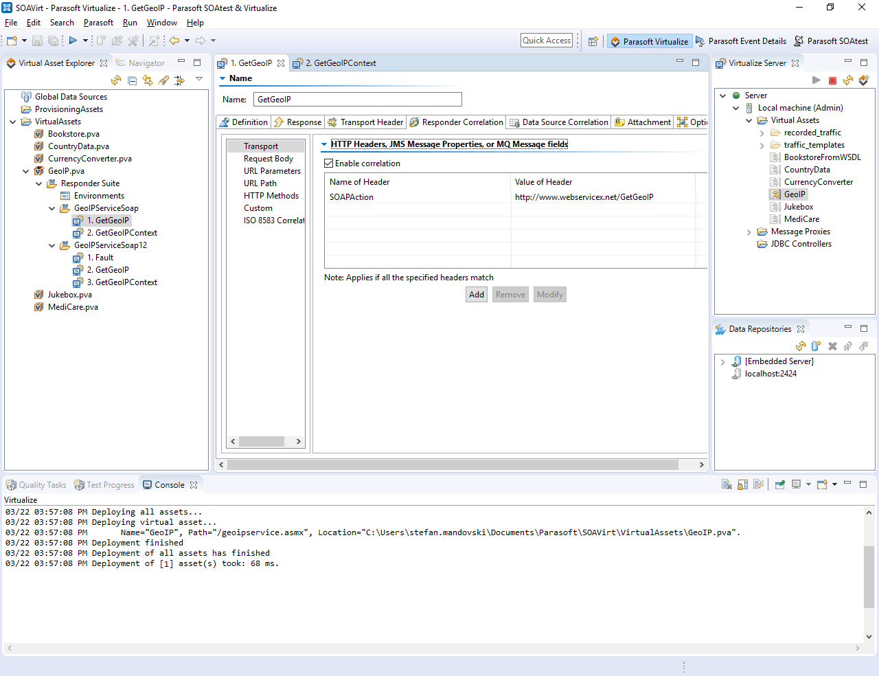 Parasoft Virtualize UI upon successful deployment of a virtual asset