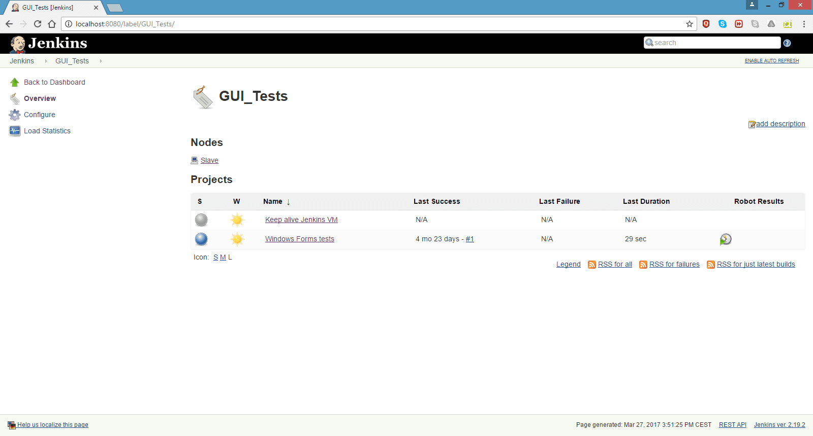 Jobs configuration on the Jenkins Slave, labeled as “GUI_Tests” that will execute “keep alive” job and main job for running Windows Forms test