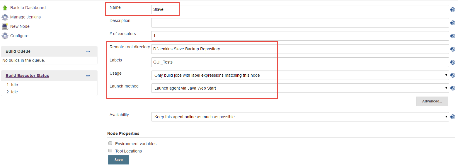 Enter the name of the slave node (in this case “Slave”), select the “Permanent Agent” option and click on the OK button which should take you to a slave configuration page