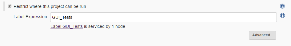 In the “General” section select checkbox “Restrict where this project can be run” and in the “Label Expression” text box enter “GUI_Tests”