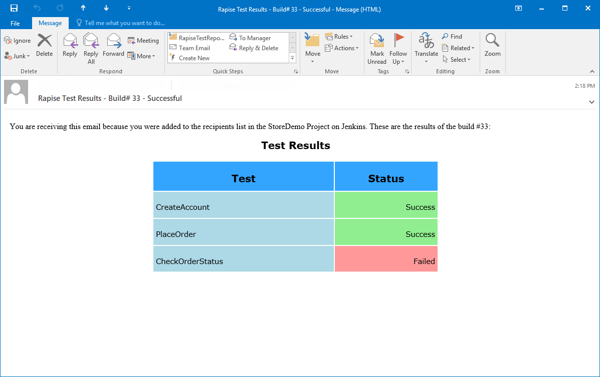 E-mail with test results