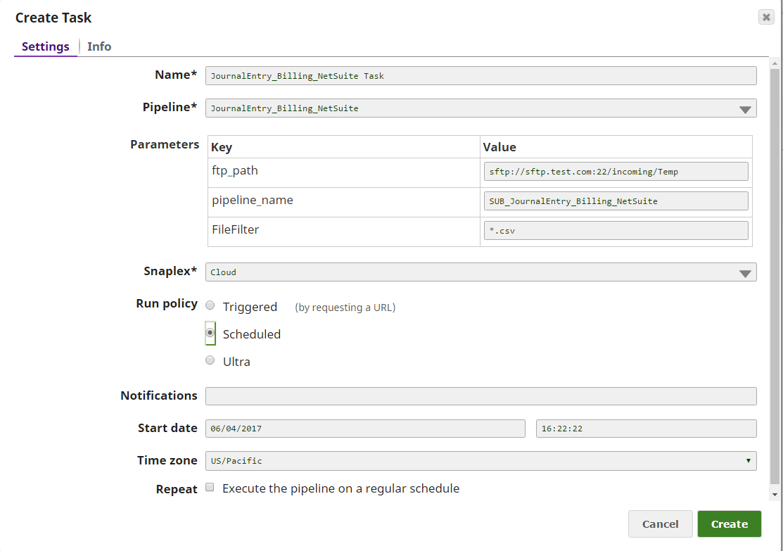 Creating a task in SnapLogic for executing a pipeline in a predefined repeating interval