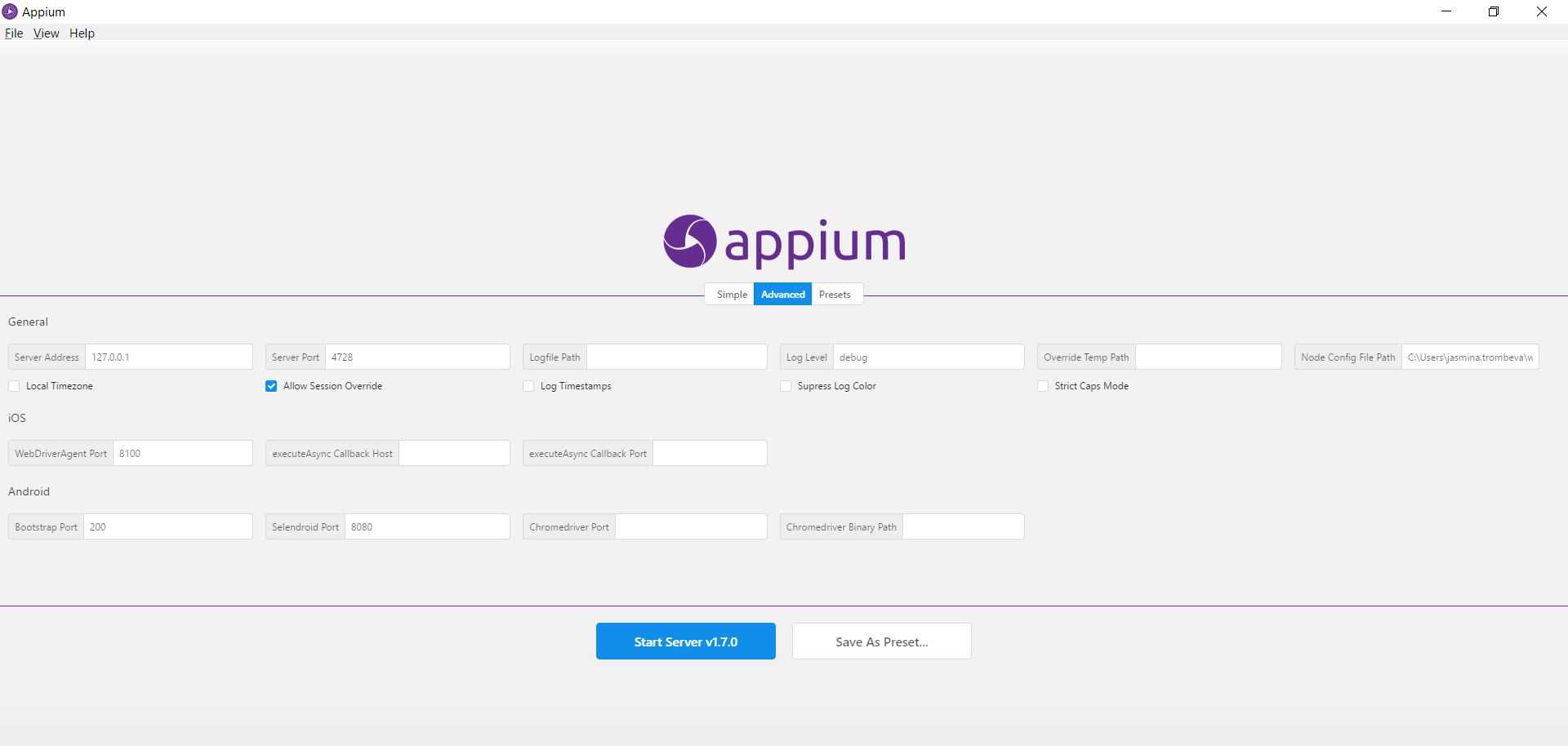 Appium Server configuration for Node2