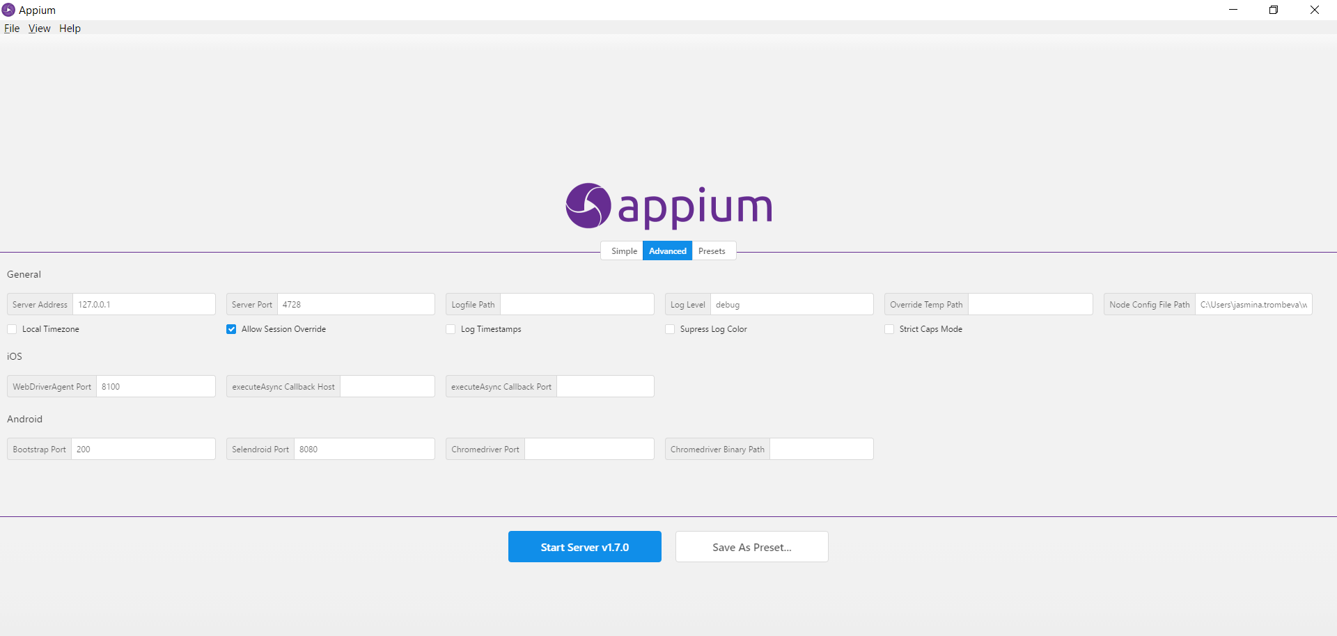 Appium Server configuration for Node1