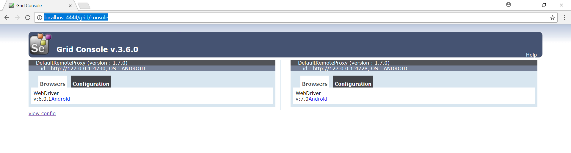 Grid Console with registered Appium nodes