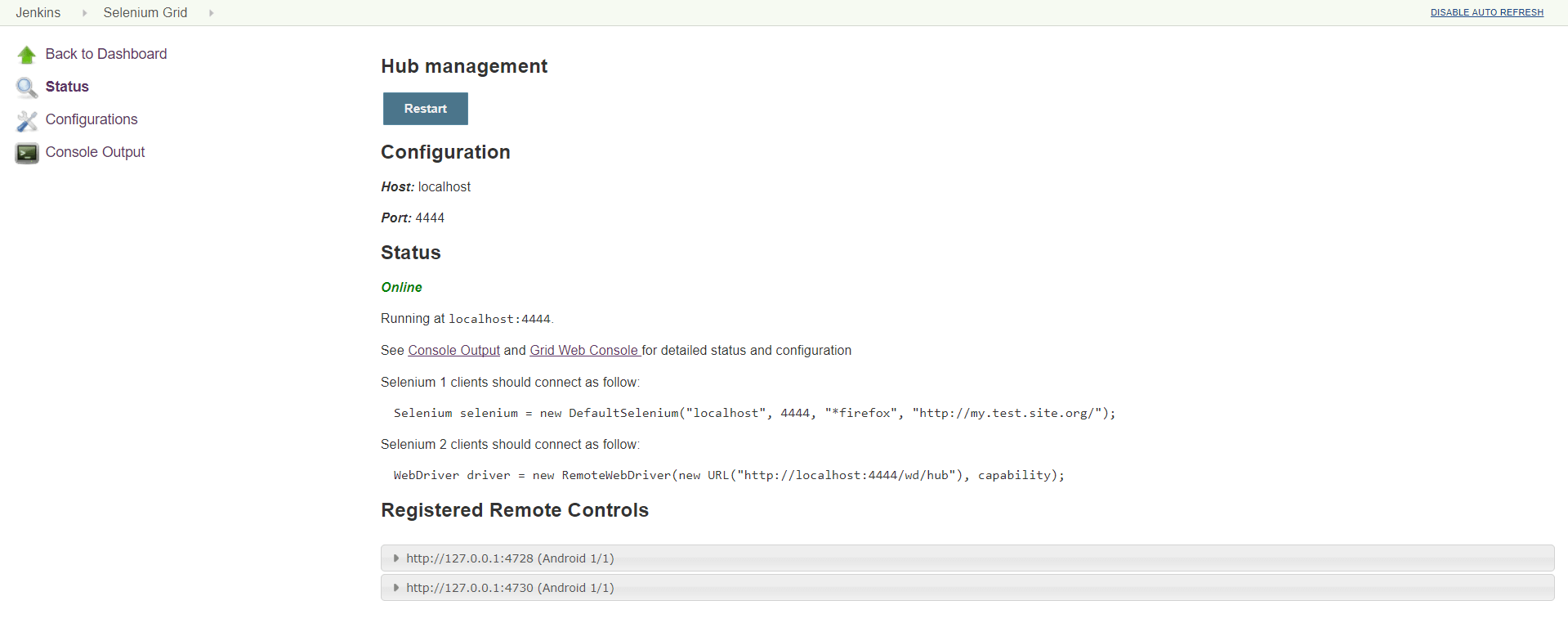 Jenkins Selenium Grid with connected and registered mobile nodes