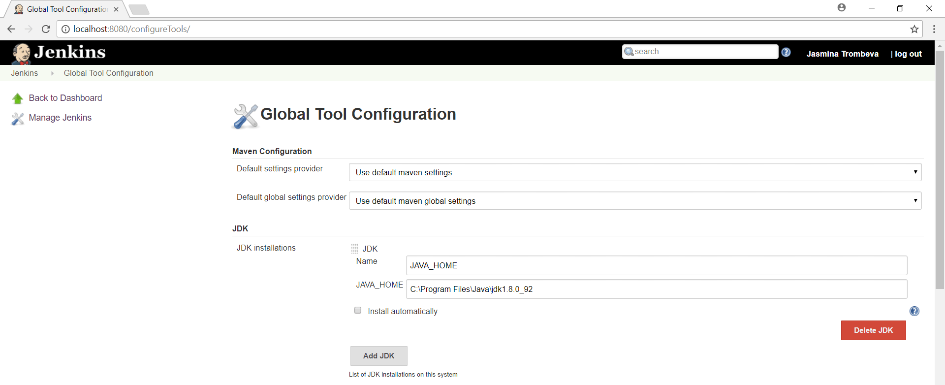 Global Tool Configuration Screen
