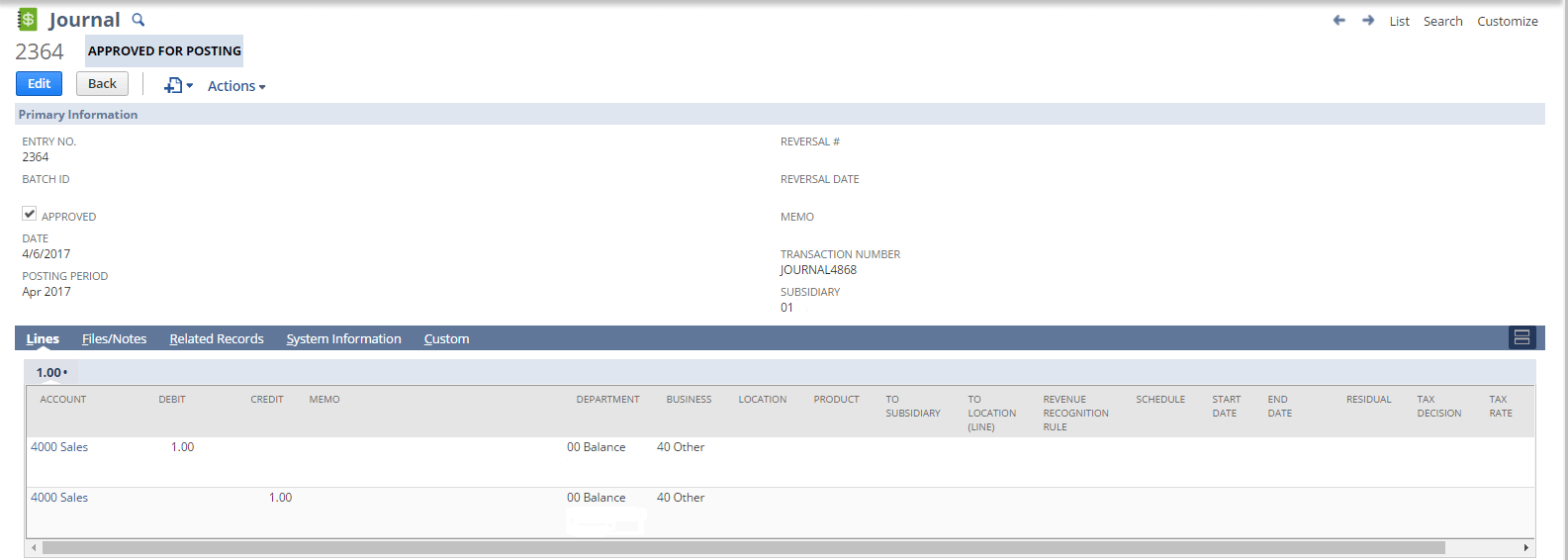 Preview of created JournalEntry record in NetSuite