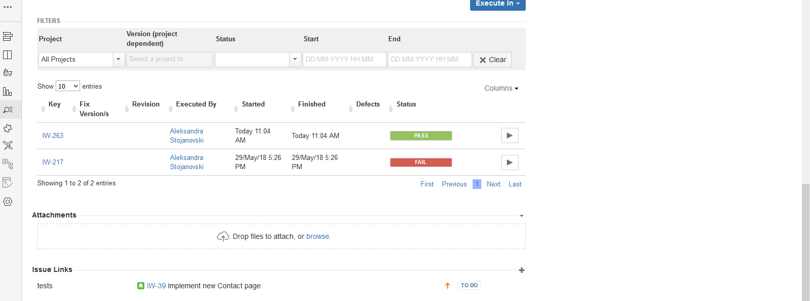 Test execution results in JIRA after importing through API 