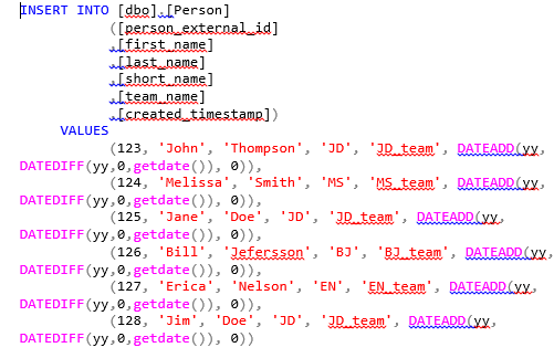 Populate Person table with test data using insert script