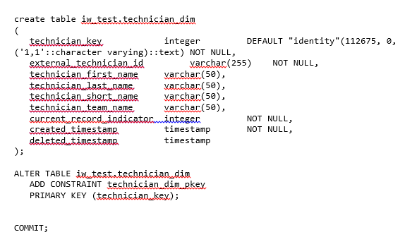 Creating of technician_dim table on Redshift