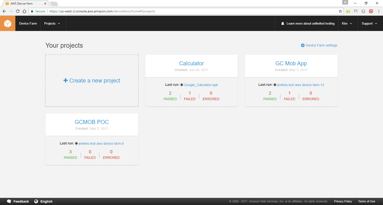 AWS device farm interface after logging in